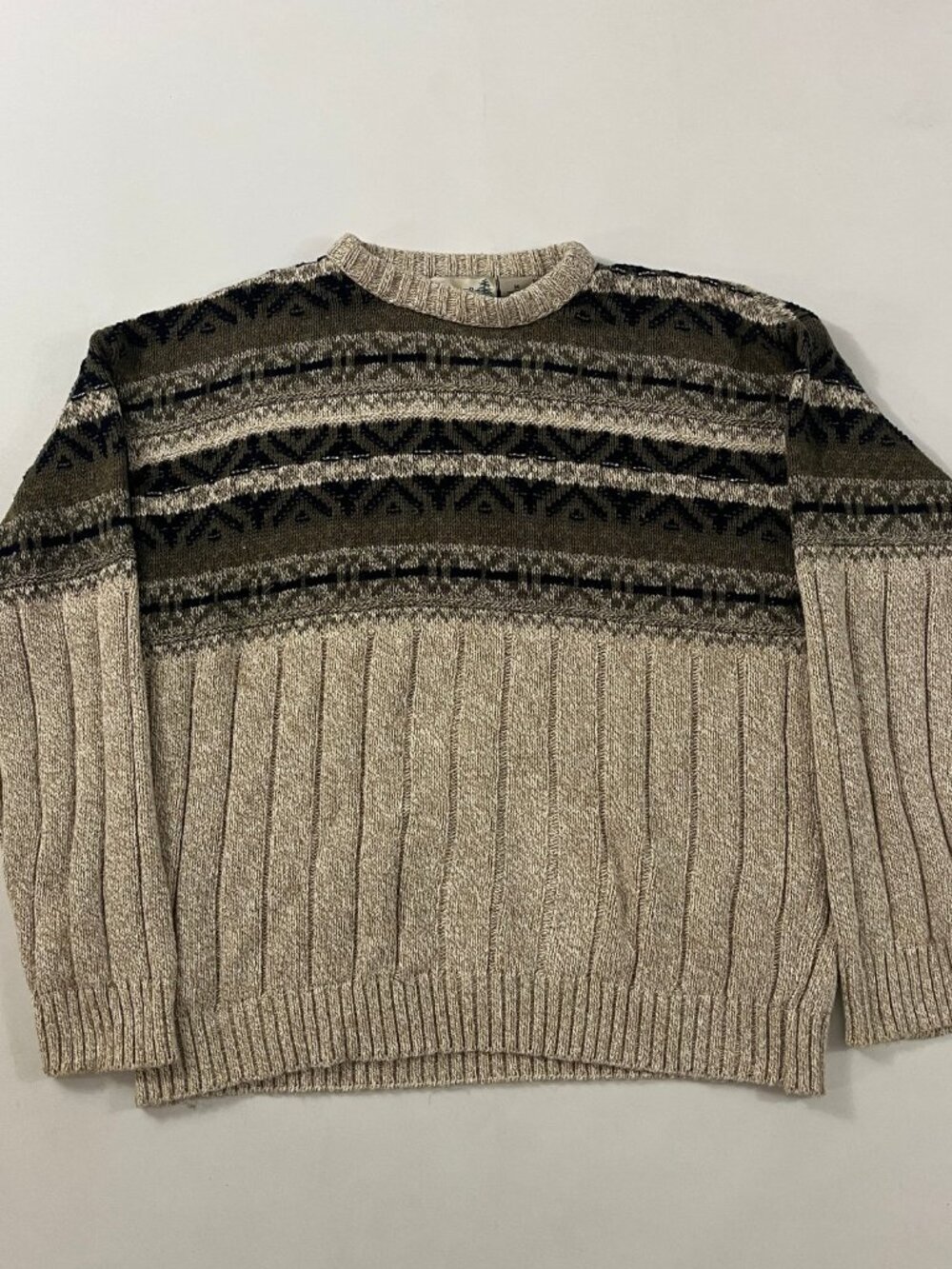 Vintage 90s Fieldmaster Oatmeal Geometric Knit Cotton Crewneck Sweater M